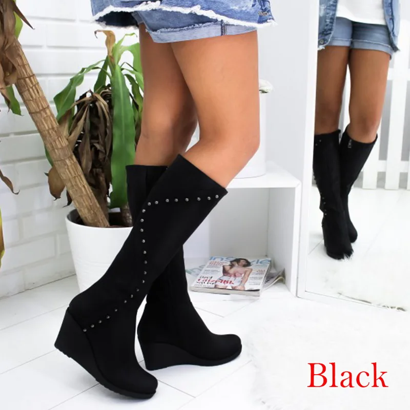 MoneRffi/женские ботинки; высокие сапоги; зимние сапоги до колена с заклепками; Botas Mujer; женская обувь; Botas Mujer; коллекция года; Прямая поставка - Цвет: Black