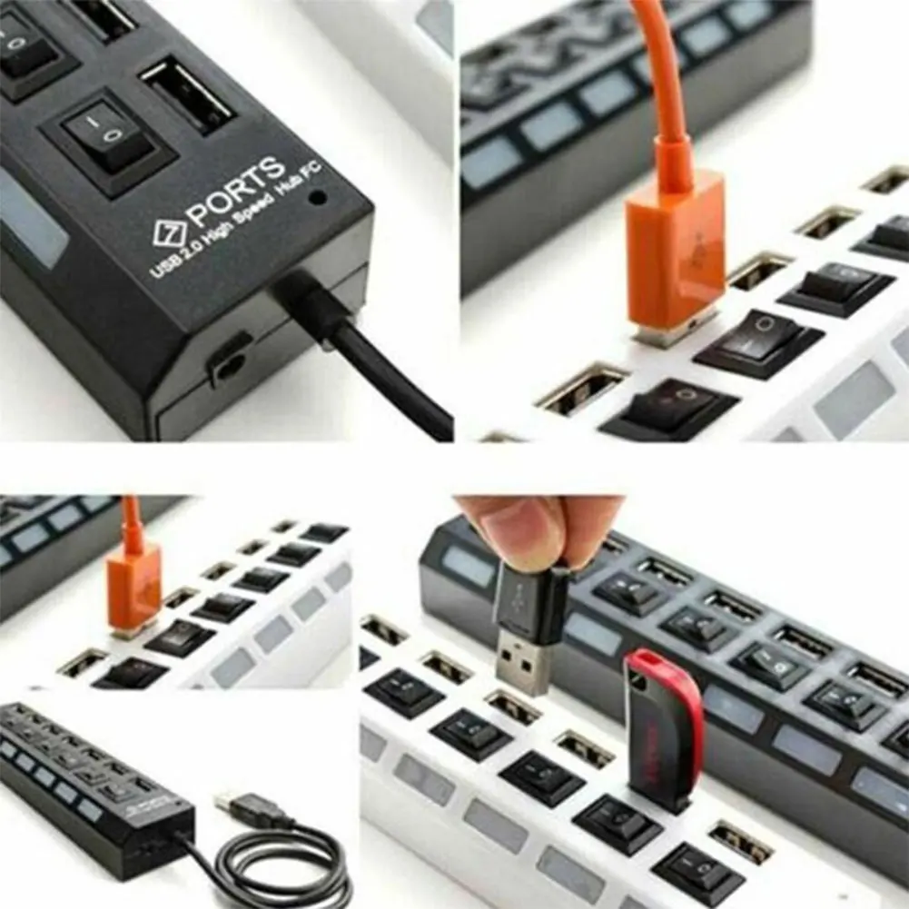 High Speed 7 Ports Hub Led Usb 2.0 Adapter Hub Multi-Port Socket Powered On/off Switch Charger Splitter 4 Ports For Pc Lap. 