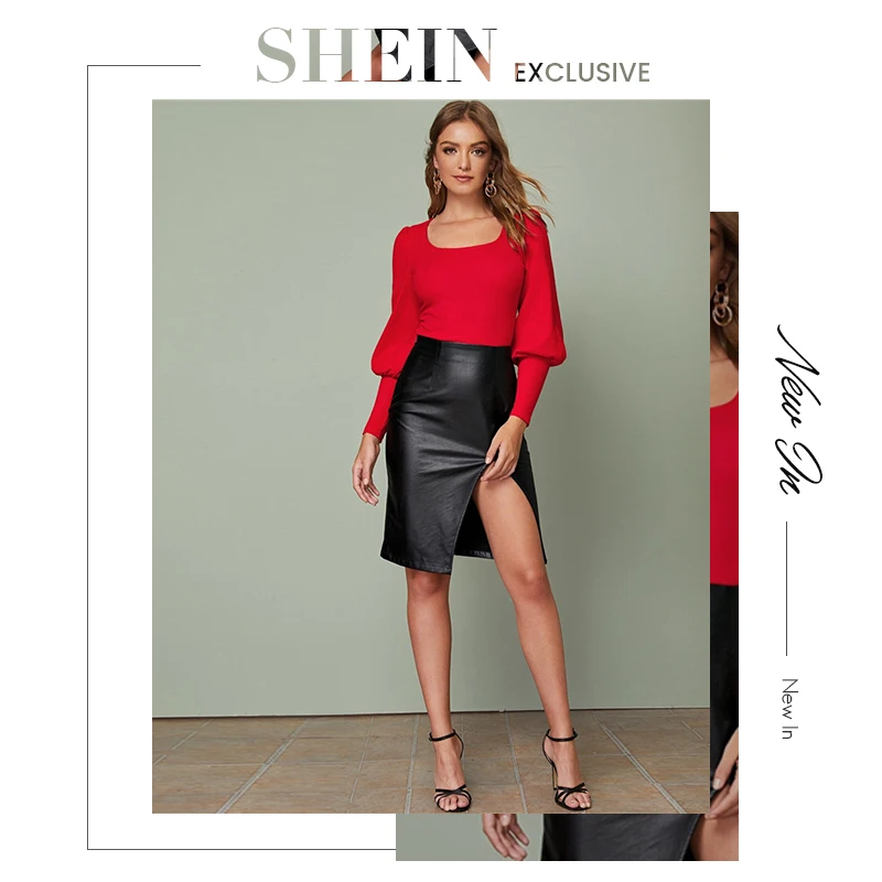 SHEIN Solid Leg-of-mutton Sleeve Top Slim Fitted Tee Autumn Scoop Neck Solid Office Ladies Elegant T-shirts