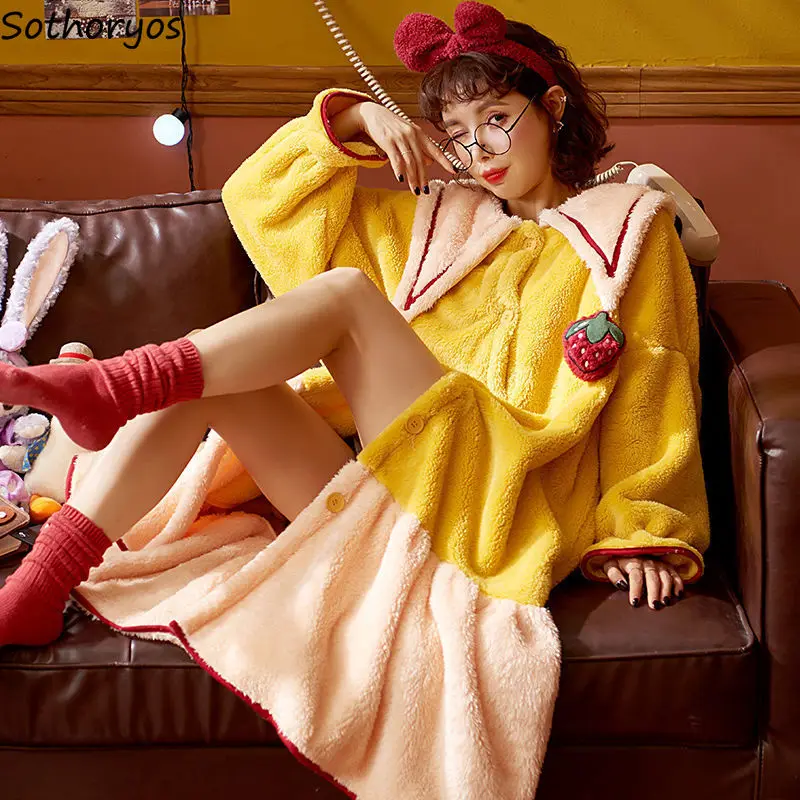 Cartoon Long Sleeve Robes Women Mid-calf A-line Straight Sweet Plush Nightwear Ruffles Bathrobes Winter Warm Plus Velvet Flannel | Женская