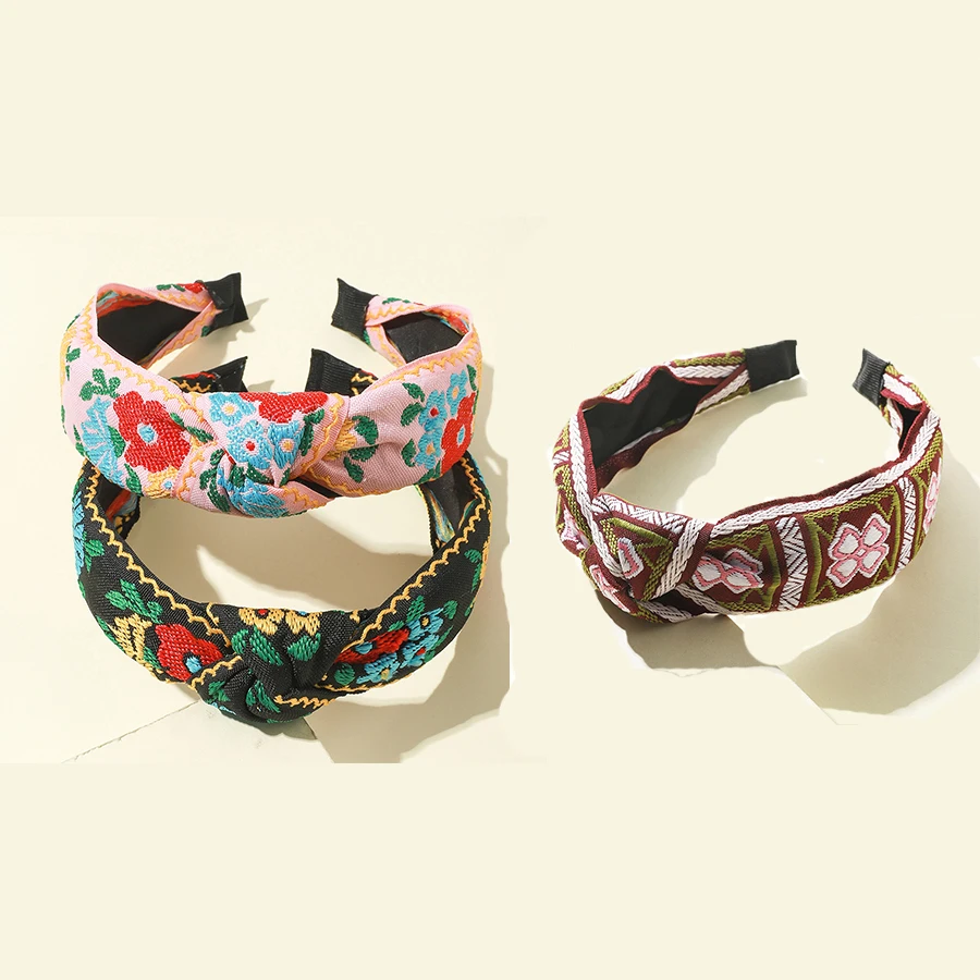 hair clips for women 3Pcs/2pcs/1Pcs Fashion Knotted Hair Accessories Retro Embroidery Weaving Headband Ethnic Flower Print Head Bezel Girl Hair Bands head scarves for women Hair Accessories
