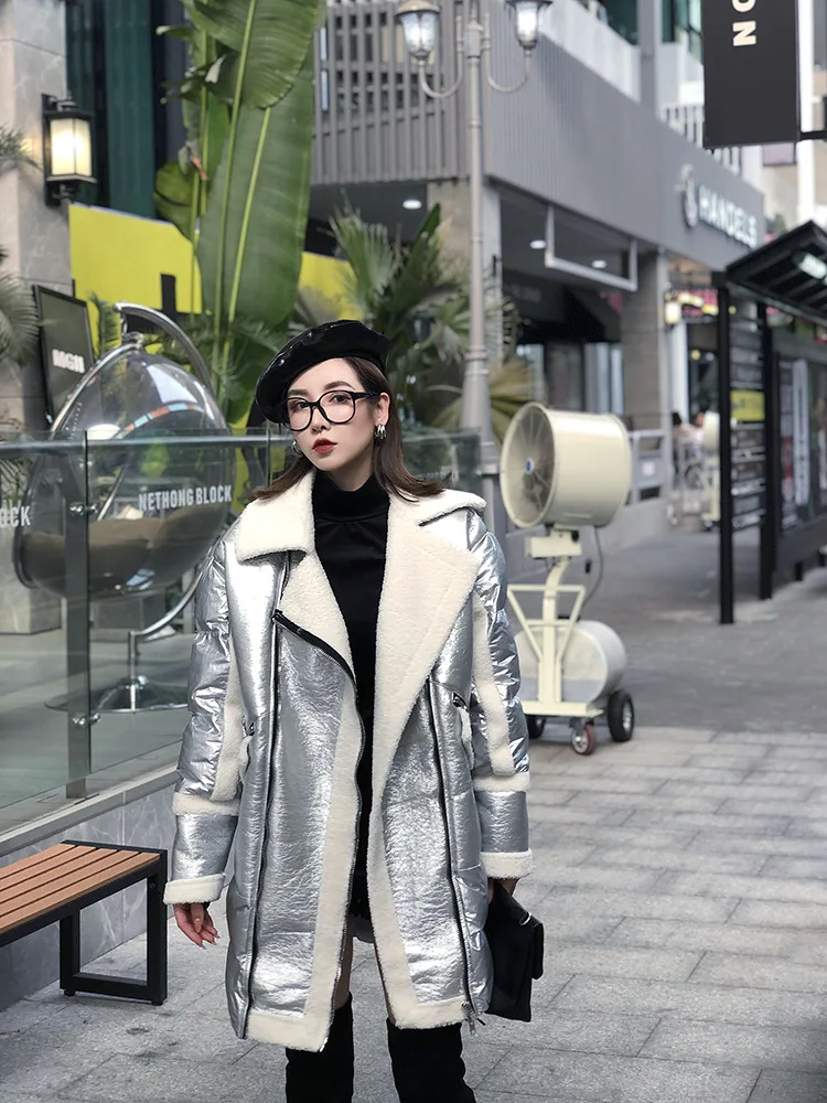 Ins, хит, серебро,, зимняя, Harajuku, свободная, с капюшоном, длинная, зимняя куртка, для женщин, теплая, уличная, овечья шерсть, пальто для женщин, SA048S30