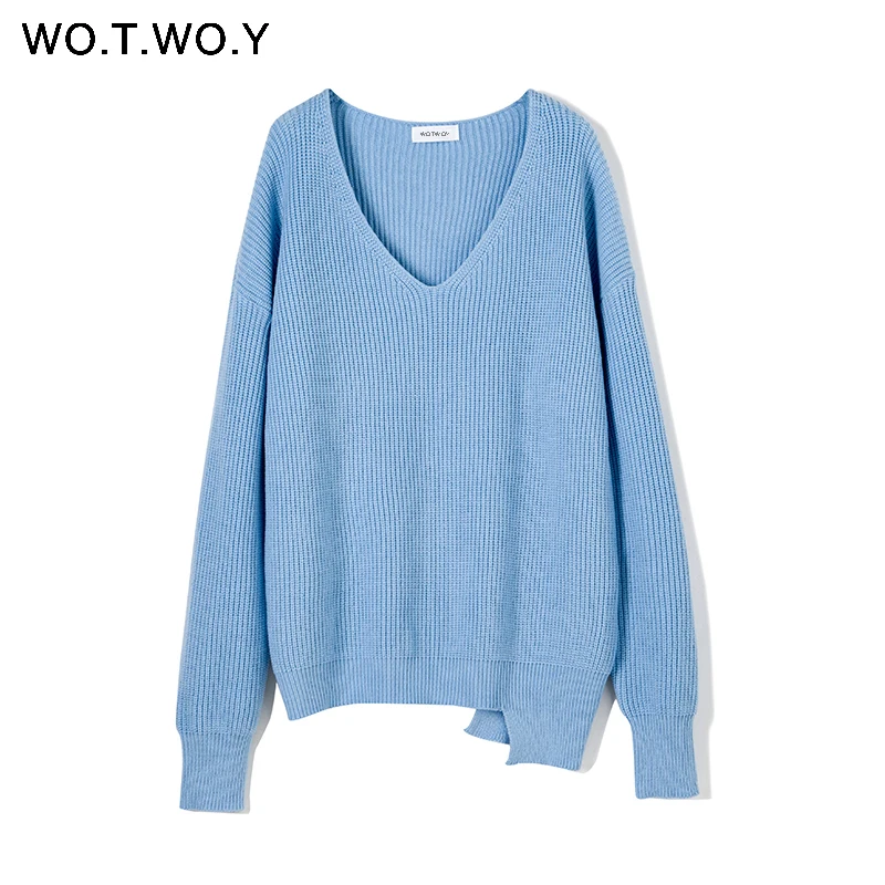 WOTWOY осень зима базовый вязаный синий белый свитер для женщин модные повседневные женские пуловеры с v-образным вырезом корейские женские джемперы