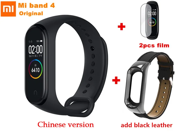 add black leather Xiaomi Mi Band 4 смарт-Браслет фитнес-браслет AI Bluetooth 5,0 AMOLED цветной сенсорный экран AI частота сердечных сокращений - Цвет: add black leather