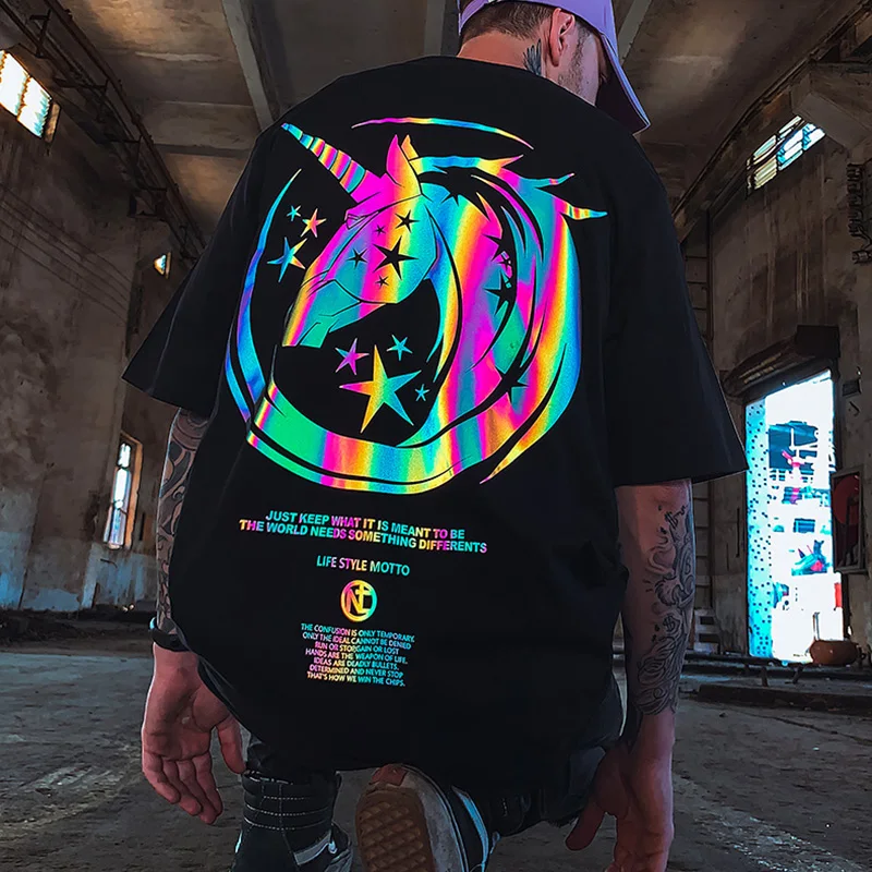 Europe America Hip hop ins Men T-shirt Street style Short Reflective unicorn sleeve trend Women Men t shirt Couples top