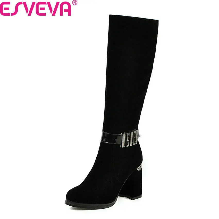 ESVEVA/ г. Зимние сапоги до колена с круглым носком на молнии модная женская обувь на высоком квадратном каблуке с металлической пряжкой Size34-43