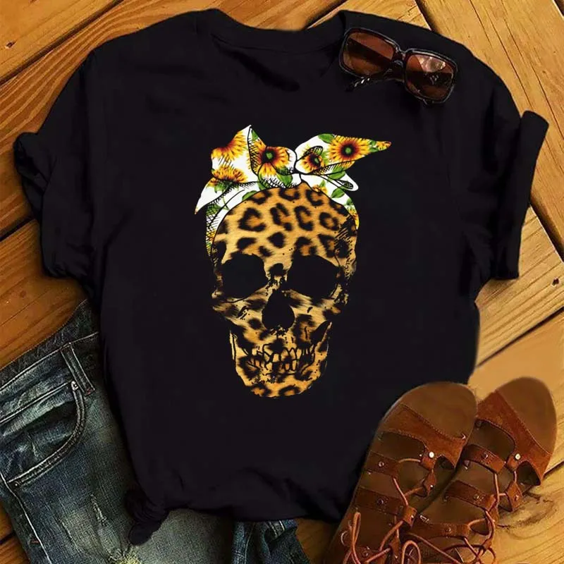 Fashion Leopard Skull Printed Women T-shirt Summer Loose Black Female T-shirt Casual Round Neck Harajuku Tops Woman Clothes 2