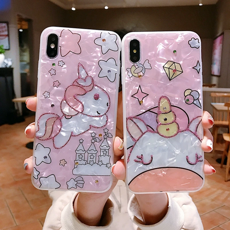

Cute Cartoon Unicorn Phone Case For iphone XS Max Case 8 7 6plus XR X Ultra Thin Diamond Glitter Conch Shell Soft Silicone Cover