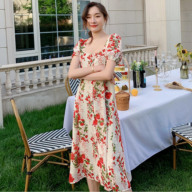 

Women Floral Long Chiffon Vintage Dress Summer 2020 Runway Elegant Chinese Party Dress Boho Retro Tropical Beach Vacation Dress