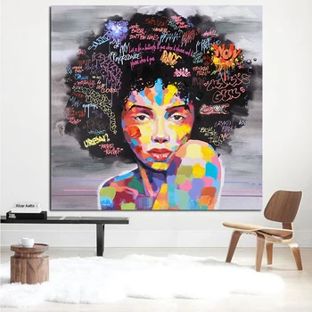 

MUTU Abstract African Girl With Letters Wall Art Canvas Modern Pop Wall Graffiti Art Paintings Black Woman Picture Home Decor