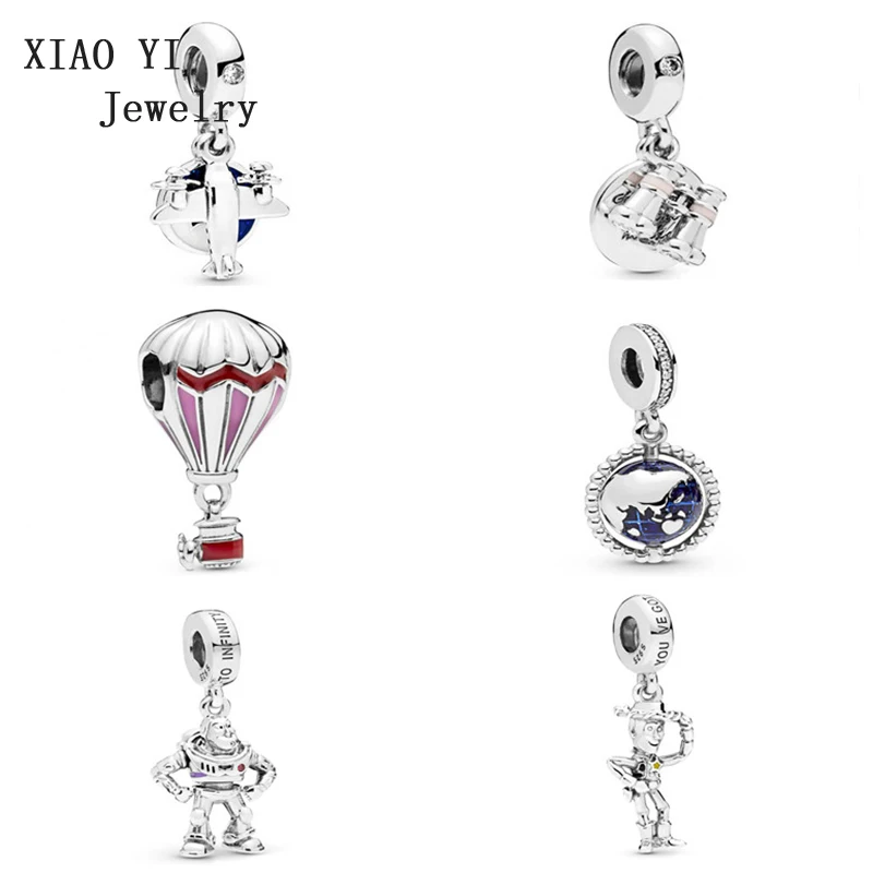 XIAOYI 925 new sterling silver globe propeller airplane telescope pendant decorated Pandoras with red hot air balloon charm
