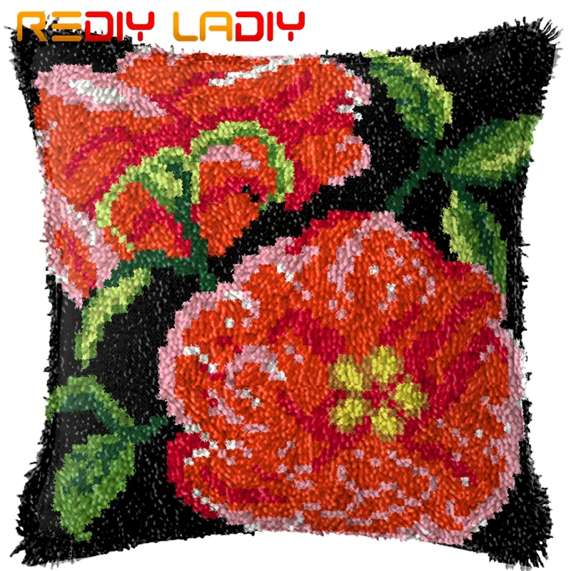 

Latch Hook Kits Make Your Own Cushion Two Flowers Pre-Printed Canvas Crochet Pillow Case Latch Hook Cushion Cover Arts & Crafts