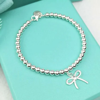 

Bow-knot 4mm Bead Bracelets Bangles S925 Sterling silver Valentine Gift 1:1 Luxury Brand For Women Girlfriend Jewelry
