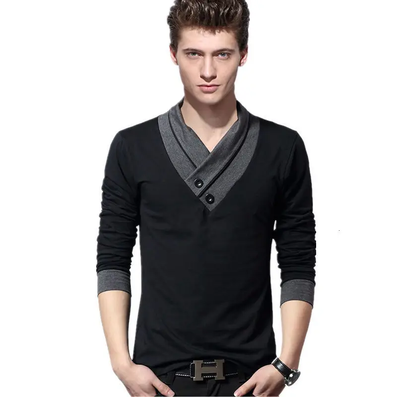 Футболки Heren Mode 2019 Nieuwe Lente Lange Mouw футболки Mannen Zwarte Knop Stand Kraag облегающие для фитнеса