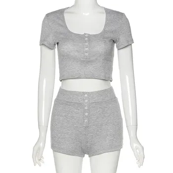 

pijama Women Girls Fashion Solid Button Short Sleeve T-shirt Shorts Tracksuit Home Wear All-match Pajamas Suit пижамы женские