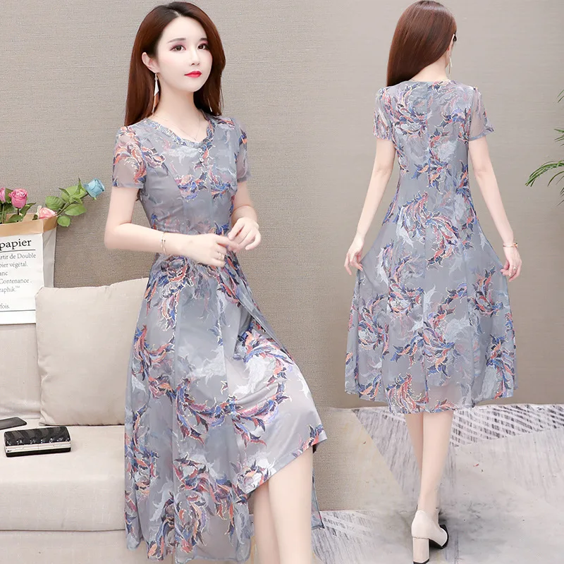 Zomer Mode Koreaanse stijl Mode Elegante Veelzijdige Gedrukt Chiffon Jurk Vrouwen Van Middelbare Leeftijd Jurk Zomer Mode Koreaanse stijl Mode Elegante Veelzijdige Gedrukt Chiffon Jurk Vrouwen Van Middelbare Leeftijd Jurk