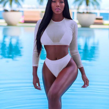 

IMANFive Women's Mesh Perspective Sexy Bikini 2018 Hot Sale Padded Bra Beach Three-piece Swimsuit High Waist Swimwear Women