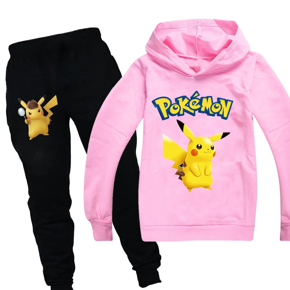 Детская одежда для мальчиков и девочек с принтом «POKEMON GO», «Detective Pikachu»; осенний свитер; комплект из 2 предметов; хлопковая Спортивная толстовка с длинными рукавами и рисунком; комплект с футболкой