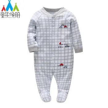 

Picturesque Childhood NewBorn Baby Boy Footies Cartoon Car Print Grid Cotton Covered Button O-neck Babygrow Costume 1