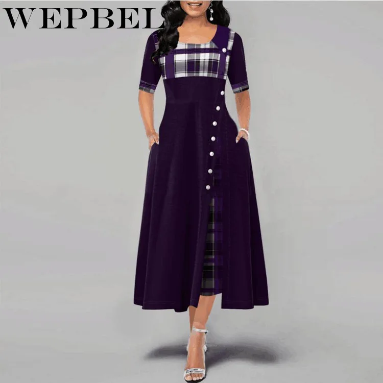 

WEPBEL Fashion Women Casual Slim Elegant Plaid Panel Dress Long Sleeve Comfortable Soft Chic Ladies Irregular Dress