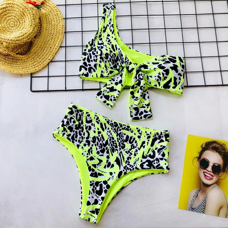 

2020 Women Bandeau Bikini Reversible Print swimsuit One Shoulder Sexy Swimwear Female Swimsuit Push up Knot High Waist Biquinis