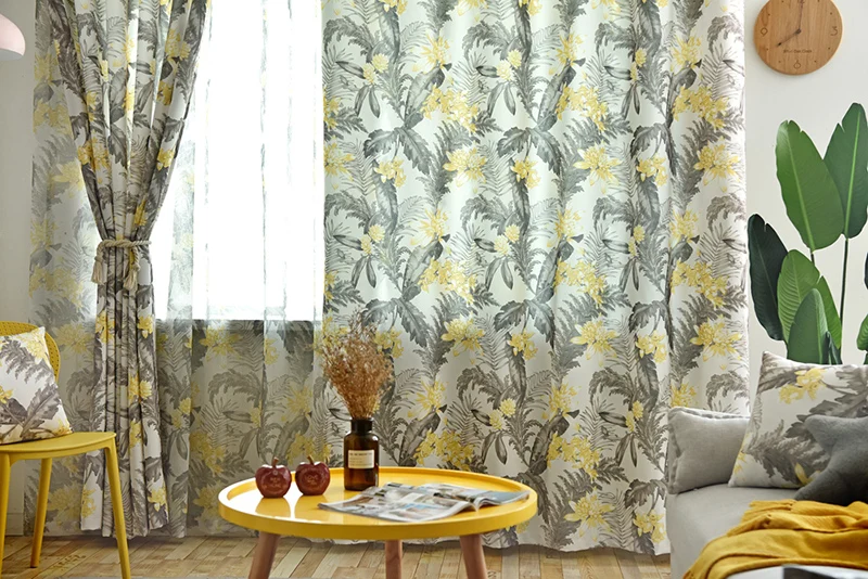 Серые шторы с листьями желтый цветок тюль шторы для гостиной полузатемняющие занавески европейские листья Прозрачная Вуаль WP420#20