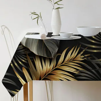 

Nordic Tropical Plant Gold Black Leaves Palm Monstera Leaf Waterproof Linen Table Cloths Home Kitchen Desk Decorative Tablecloth