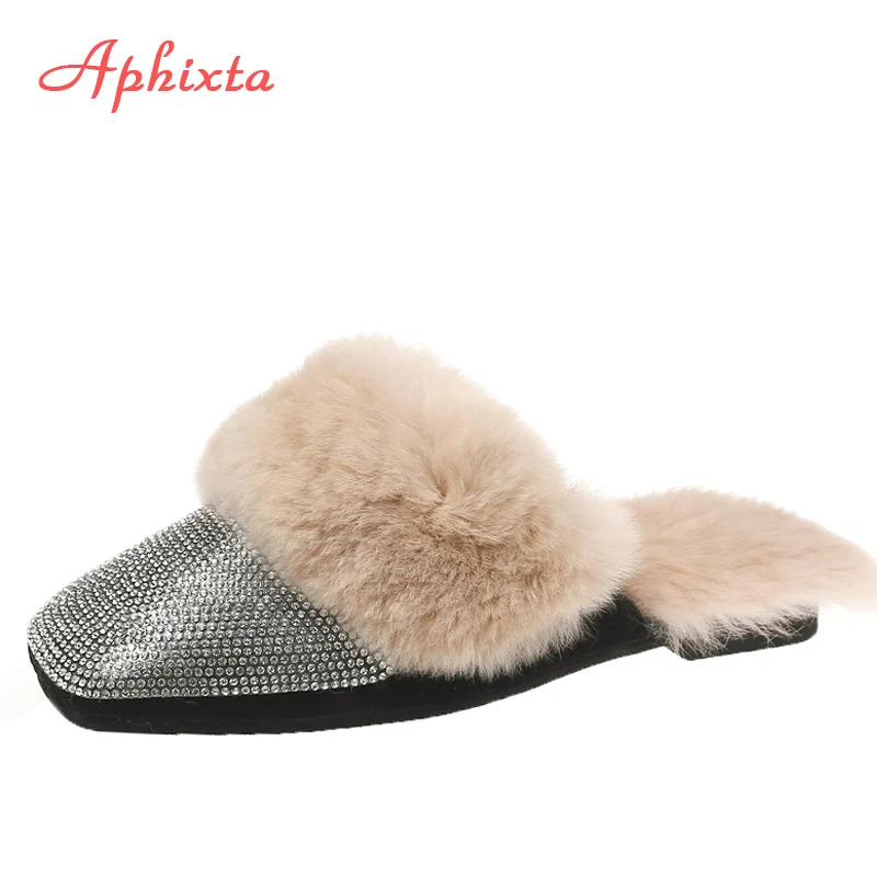 Aphixta/теплые зимние тапочки на натуральном меху; женские шлепанцы с украшением в виде кристаллов; женские пушистые тапочки; женская обувь на плоской подошве с кроличьим мехом - Цвет: Beige