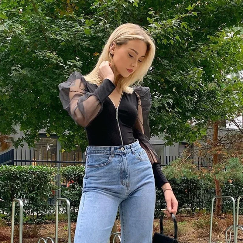 Sexy Deep V-neck Mesh Bodysuit Women Zipper Skinny Puff Sleeve Jumpsuit Romper Fashion Solid Color Overall Romper Femme