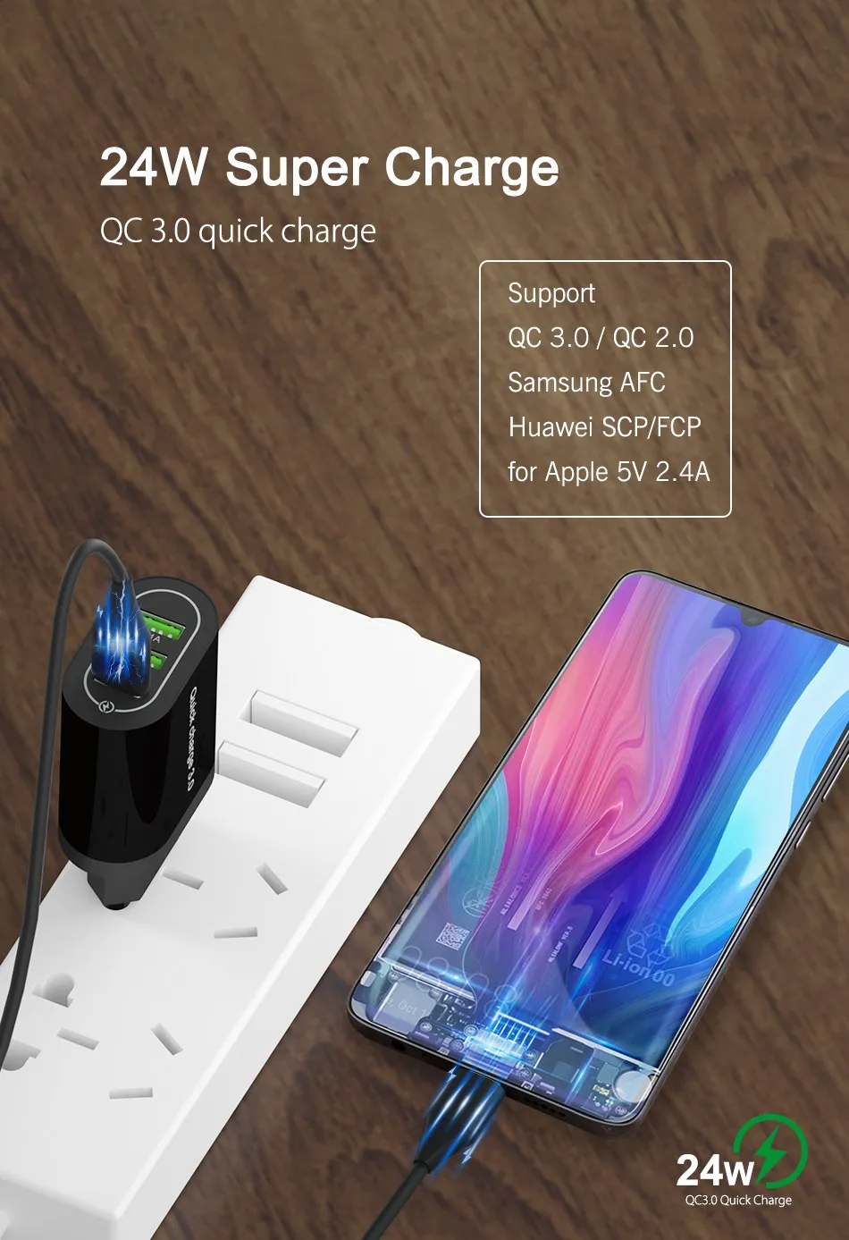 OREY 24W QC 3.0 Fast Charger, 4.8A Max 3 Port USB Charger Adapter Quick Charge 3.0 For Samsung/Xiaomi/Huawei Charger