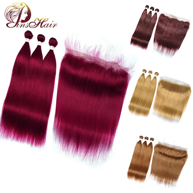 

99J Burgundy Bundles With Frontal Peruvian Straight Human Hair Red Bundles With Closure Pinshair Nonremy Pre Plucked Hairline