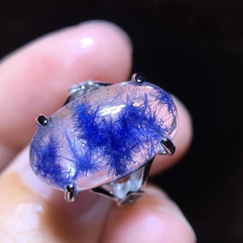 

Natural Blue Dumortierite Rutilated Quartz Crystal Silver Adjustable Ring 18.3/10,6mm Woman Men Stone Rings Jewelry AAAAA