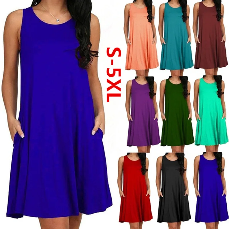 

Women Casual Summer Dress Plus Size O-neck Tank Top Loose Clothing Side Pocket Fashion Sexy Ladies Solid Sleeveless Dresses 5XL
