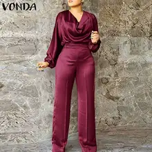 

Long Jumpsuits 2021 VONDA Women Autumn Sexy V Neck Puff Sleeve Wide Leg Overalls Palazzo Stain Slik Dungaree Pantalones Oversize