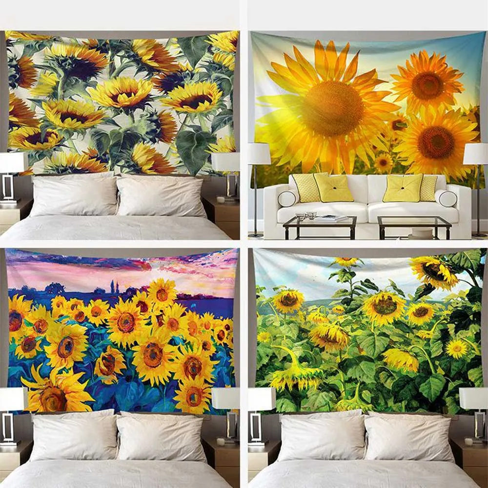 

Sunflower Floral Print Tapestry Wall Hanging Smile Sun Sky Tapestry Decorative Blanket Fabric Country Style Bedroom Bed Sheet