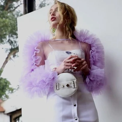 

Trendy Lavender Tiered Tulle Tops Women 2020 Fashion Sheer See Through Tulle Top Ruffle Full Sleeves Blouse Shirts Custom Made