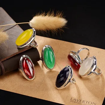 

Silver 925 ring Emerald ring jewelry woman Sterling silver white yellow green chalcedony garnet Thai silver vintage opening