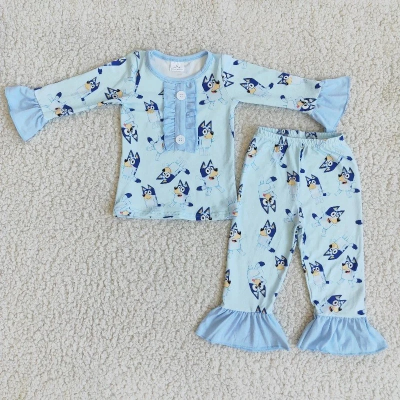 Wholesale Pajamas Children Fall Winter Baby Girl Nightgown Clothes Sleepwear Set Kids Blue