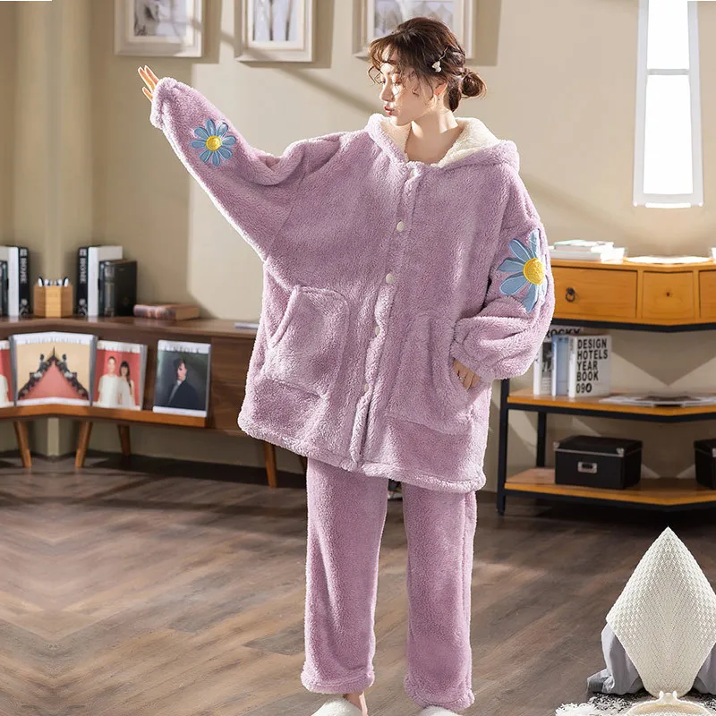 Purple Пижама женская зимняя теплая утолщенная фланелевая Коралловая Пижама комплект милый розовый кролик Пижама с ушками Женская домашняя одежда с цветочным принтом - Цвет: Purple