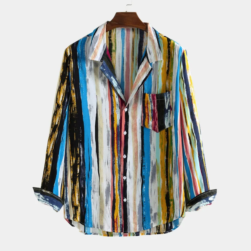 Multicolor Мода харадзюку ретро свободная тонкая мужская мода корейский стиль шикарная печатная рубашка с длинными рукавами Карманный Топ хорошая осень - Цвет: Multicolor