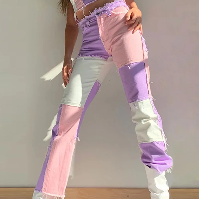 

Fashion 2020 Autumn Winter Women High Waist Streetwear Hip Hop Straight Trousers Patchwork Design Button Fly Casual Female Pants