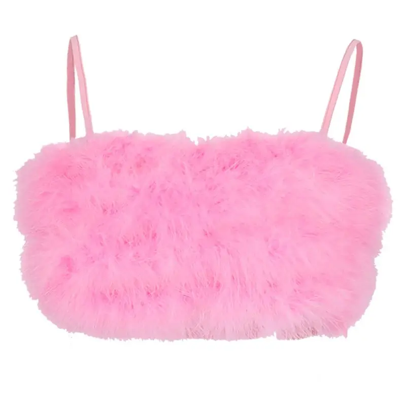 Womens Sexy Spaghetti Strap Feather Crop Top Camisole Fluffy Plush Bralette Vest