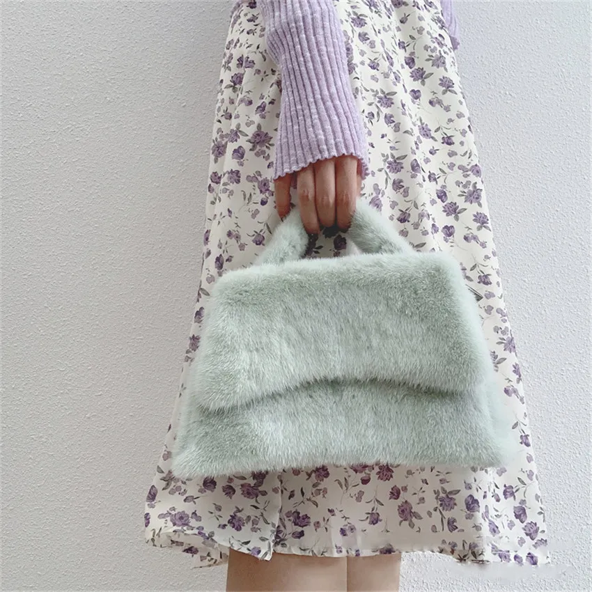 Female Mink Leather Solid Color Plush Casual Lady Handbag Shoulder Fashion Exquisite Shopping Bag_voghion.com