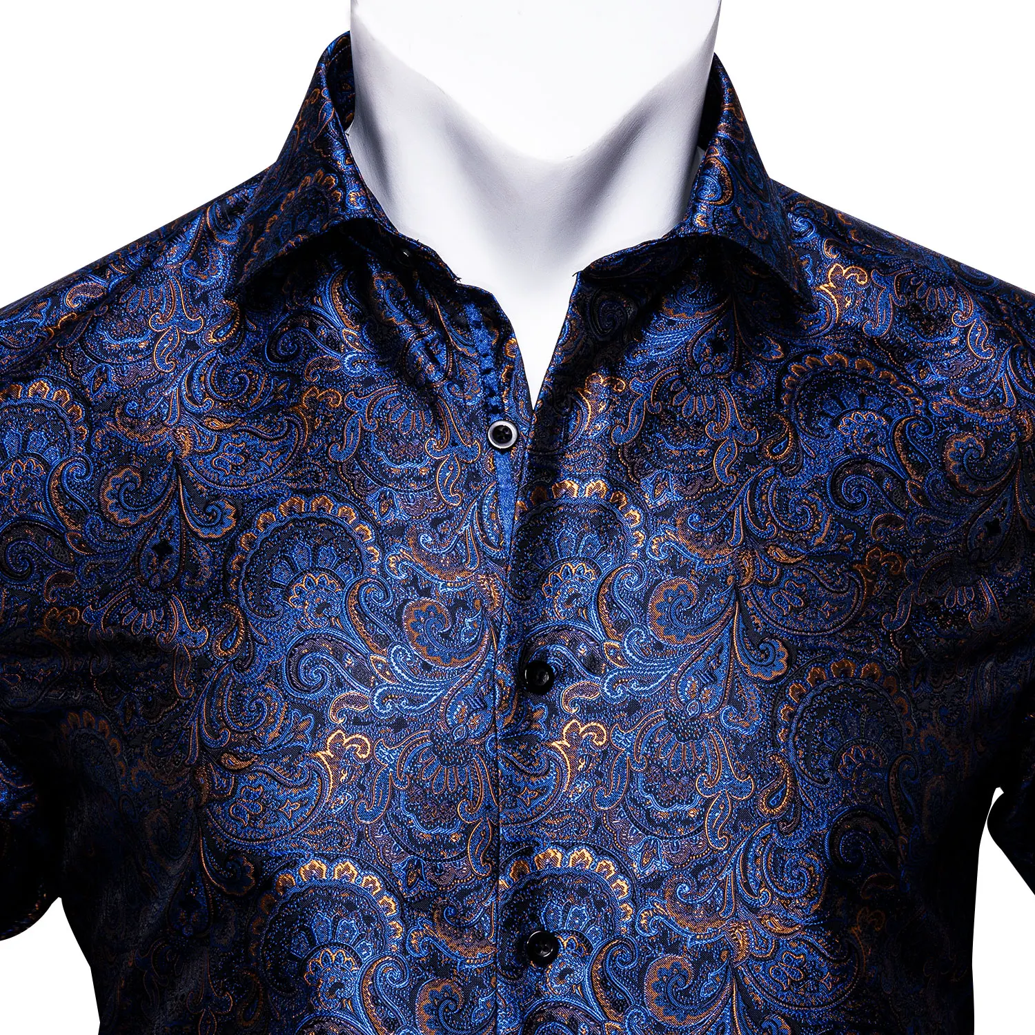 Barry.Wang Blue Gold Paisley Bright Silk Shirts Men Long Sleeve Casual Flower Shirts For Men Designer Fit Dress BCY-07