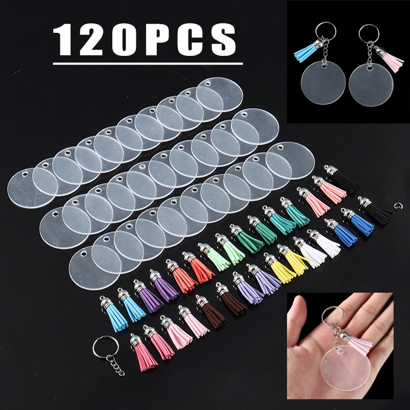 120PCS Clear Keychain Tassel Acrylic Circle Discs Round Keychain Blanks