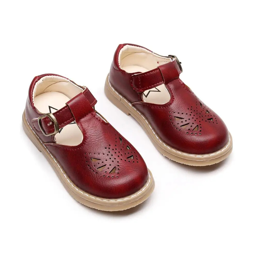 Туфли-оксфорды с бабочками для девочек; повседневная обувь с Т-образным ремешком; модельная школьная форма; туфли принцессы Mary Jane на плоской подошве; популярный дизайн - Цвет: wine red