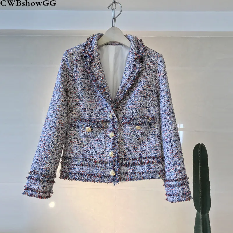 

CWBshowGG Vintage Single-Breasted Tweed Long-Sleeved Jacket Female 2019 Fashion Turn-Down Collar Tassel Patchwork Casual Jacket