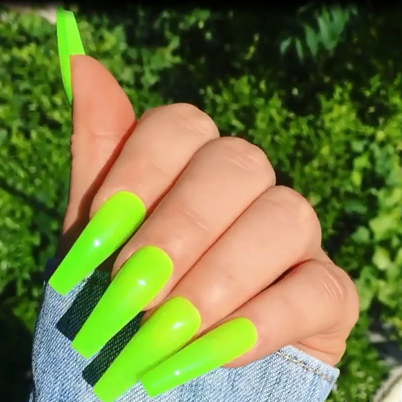 棺の形をした偽の長い爪 フルカバー ネオングリーン 人工 バレリーナ フレンチマニキュア Aliexpress Beauty Health