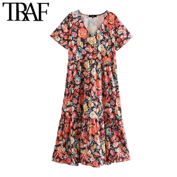 

TRAF Women Chic Fashion Floral Print Pleated Midi Dress Vintage V Neck Short Sleeve Female Dresses Vestidos Mujer