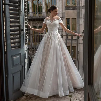 

Thinyfull Elegnat Tulle Wedding Dresses 2021 Beach Lace Appliques Short Sleeve Illusion Boho Bridal Gowns A-Line Robe De Mariage